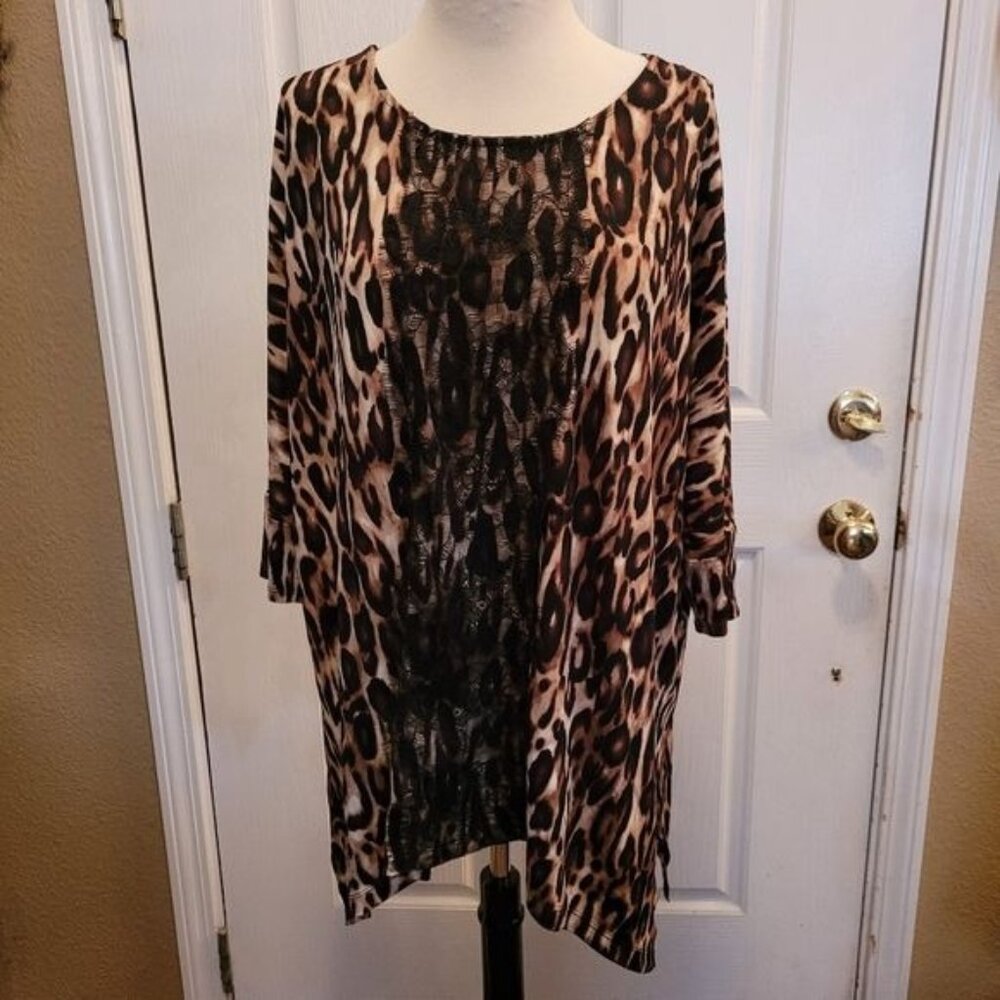 Women's Chico's Top Blouse Black Lace Brown Animal Cheetah Print Popover Size 1